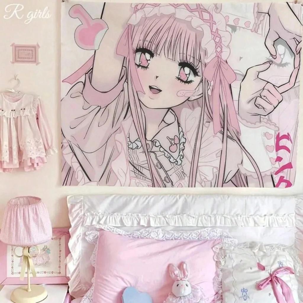 1Pc Pink Anime Lolita Girl Tapestry, Cute Manga Wall Hanging, Polyester 2D Print, Kawaii Room Decor For Bedroom, Gift For Anime