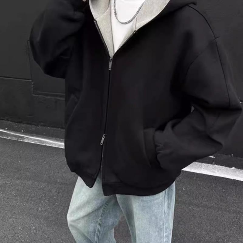 Men's Plus Size Heavyweight Double Zipper Hoodie, Autumn/Winter Cardigan Outerwear