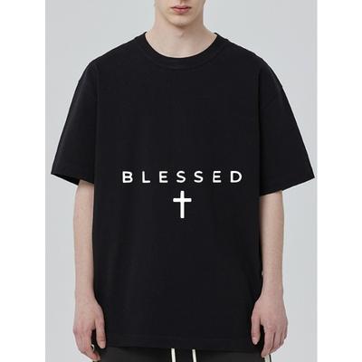 Black T Shirt Blessed Cross Print Casual Streetwear Fashion Top for Men and Women