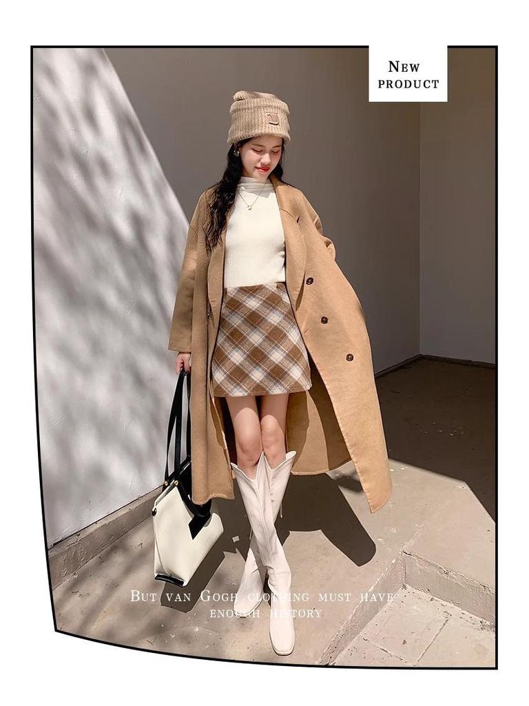 2025 Autumn/Winter Women's High-Waisted Plus Size Yellow Plaid Wool Mini Skirt