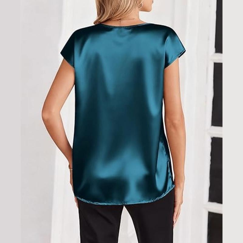 Damen Oberteile Mode Lässig V-Ausschnitt Kurzarm Bluse Business Lässige Oberteile Satin Seide Sommerhemd Arbeits Tuniken Oberteile