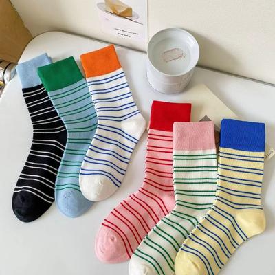 Women's Spring and Autumn Color Striped Cotton Medium Tube Pile Socks