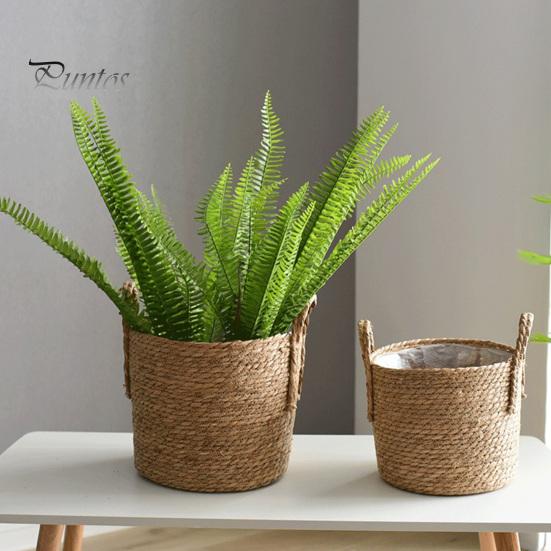 Natural Fiber Plant Containers Woven Seagrass Pot with Handle, Built-in Plastic Film Lining Eco-friendly Home Organizers Storage Basket, Rattan Flower