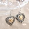Vintage Heart-shaped Material Craftsman Carved Texture Earrings for Women, Bohemian Style Two Tone Heart-shaped Pendant Earrings