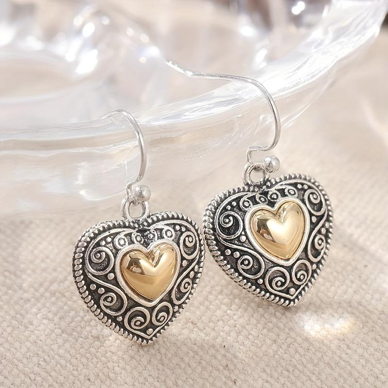 Vintage Heart-shaped Material Craftsman Carved Texture Earrings for Women, Bohemian Style Two Tone Heart-shaped Pendant Earrings