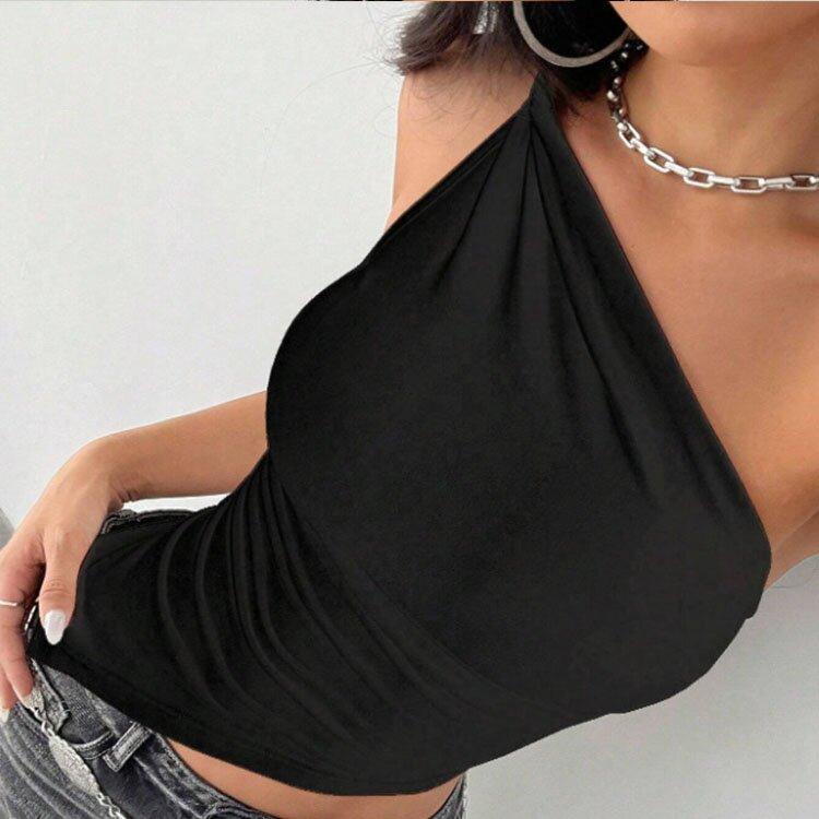 2025 Nové Módní Ležérní Dámské Tričko Jednobarevné Jedno Rameno Asymetrický Slim Fit Top Jednodílný Výstřih