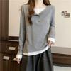 Real shot cotton loose long-sleeved T-shirt women's season versatile fake two-piece design niche top