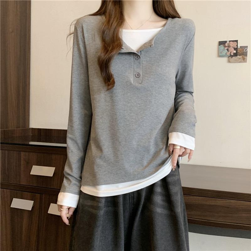 Real shot cotton loose long-sleeved T-shirt women's season versatile fake two-piece design niche top