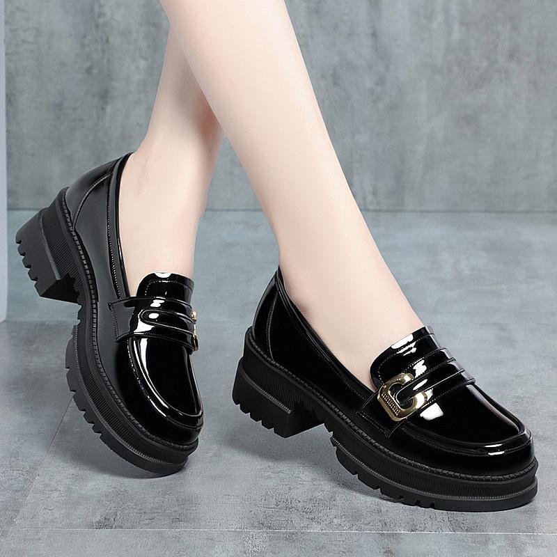 Women  Spring Autumn Deep Mouth High Heels Loafers Patent Leather Chunky Platform Pumps Slip On Black Office Mary Jane Shoes