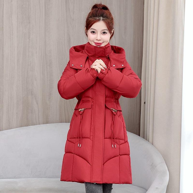Fashion women's winter cotton-padded clothes, medium and long hooded waist cotton-padded jackets, temperament commuting versatile models
