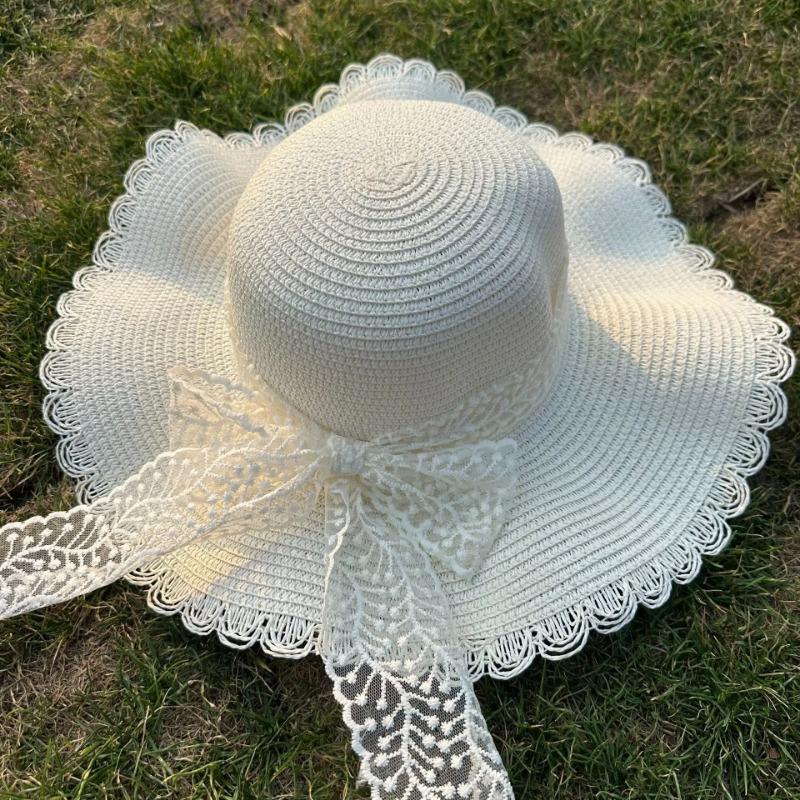 Women Bow Decor Wide Brim Sun Hat No Strap Outdoor Travel Beach Casual Sun Protection Hat Ladies Fashion Daily Vacation Headwear