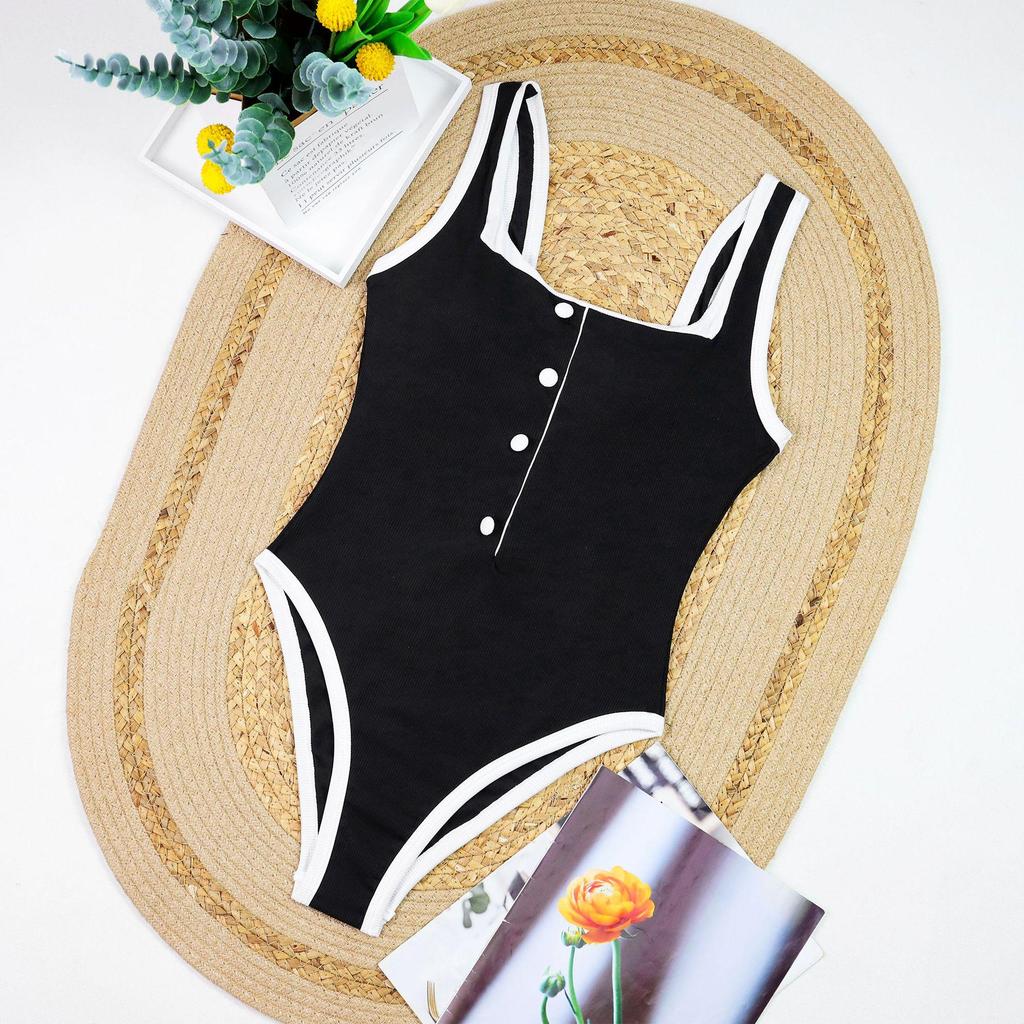 European & American Plus Size Women's Black and White Colorblock One-Piece Swimsuit - Sexy Cross-Border Triangle Bikini.