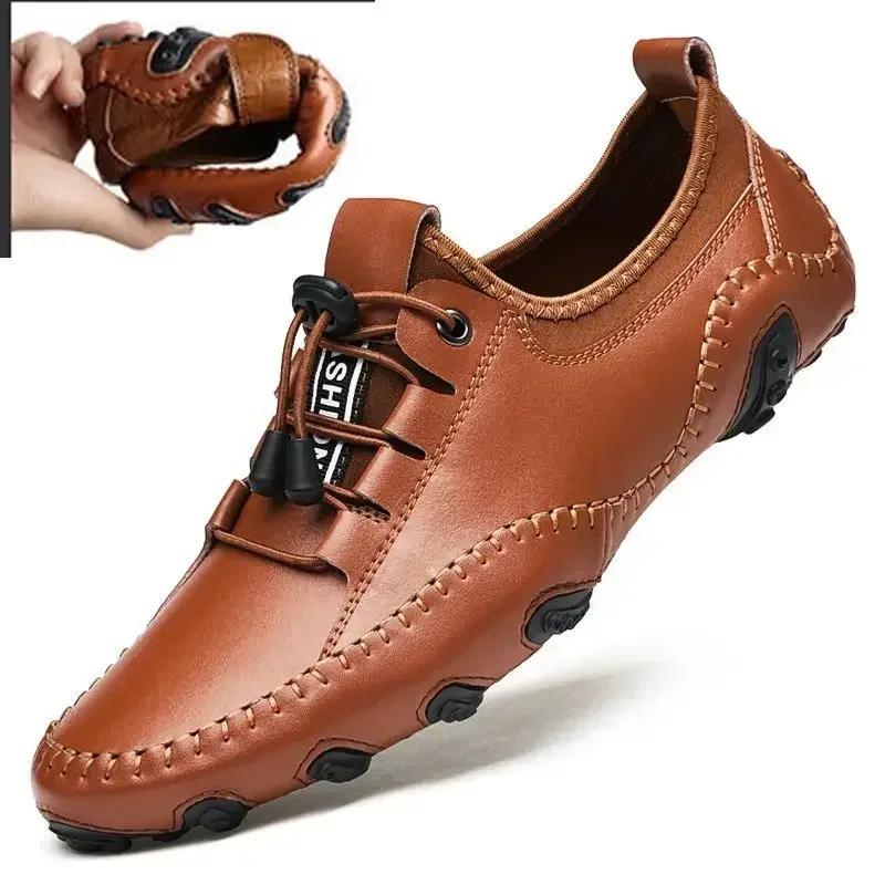 Chaussures décontractées en cuir véritable pour hommes, mocassins faits à la main, souples et ajourés, chaussures de conduite respirantes pour hommes