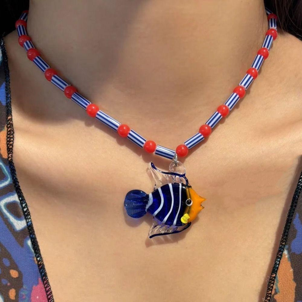 Colorful Glass Seahorse Pendant Tropical Island Beaded Necklace Charm Fish Necklace  Holiday Party