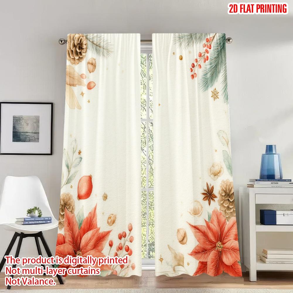 

Set Of 2 Flat Printing Merry Christmas Curtains Poinsettias Star Anise Pinecone Digital Printed Polyester Drapes Party Curtain W100*H70(CM)-Rod Pocket&2PCS