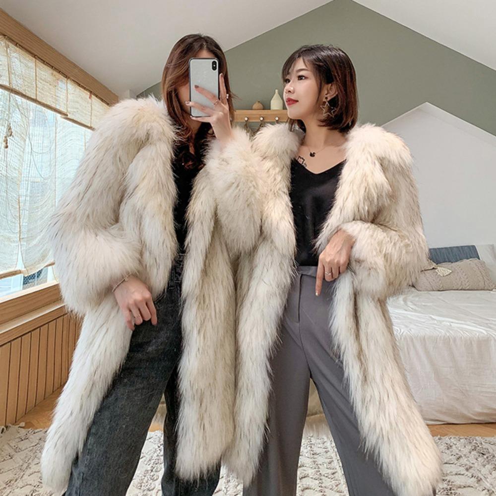 Women's New Raccoon Fur Jacket Women's Long Fox Hair Suit Collar Fur Coat Loose Casual Trench Coat
