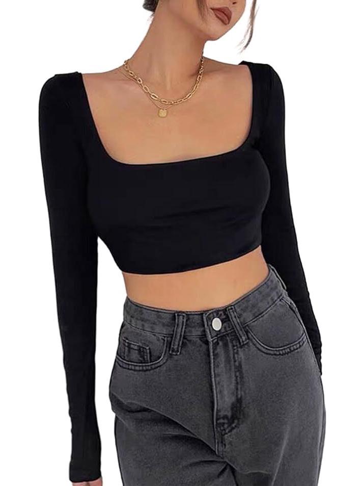 Women's Sexy Long-Sleeved Crop Top - Seamless Square Neck Fashion T-Shirt