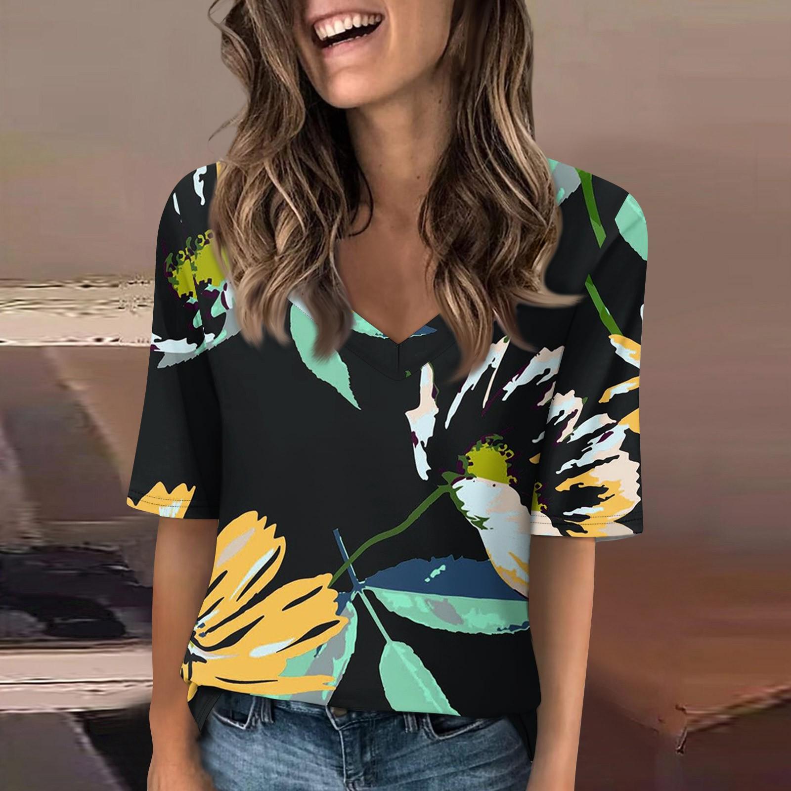 

Женская повседневная футболка с короткими рукавами и v-образным вырезом с принтом и четвертьрукавами, топ XL жёлтый