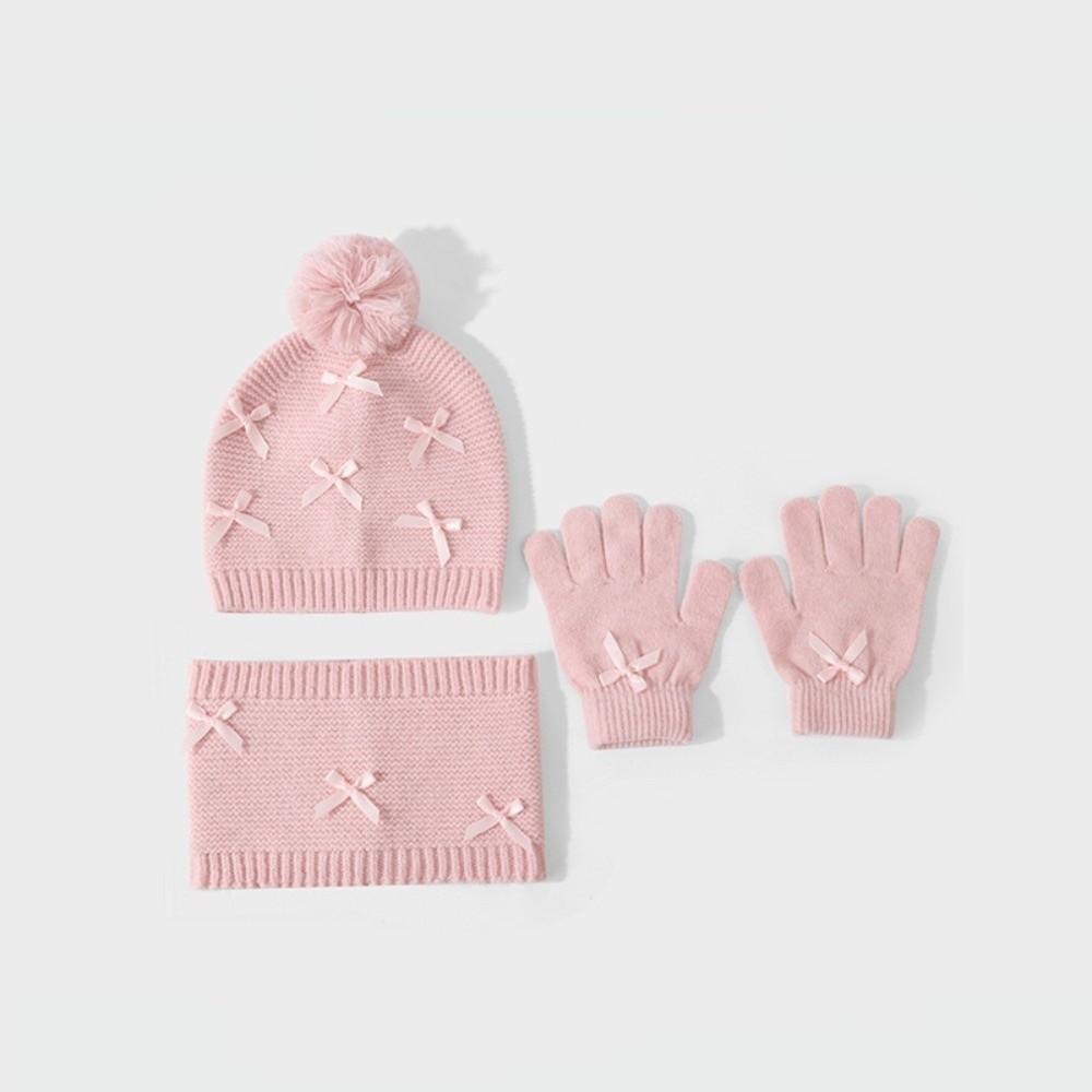 3pcs Keep Warm Knit Hat Scarf Gloves Set With Bow Neck Warmer Soft Kids 3-Piece Kit 1-6Y