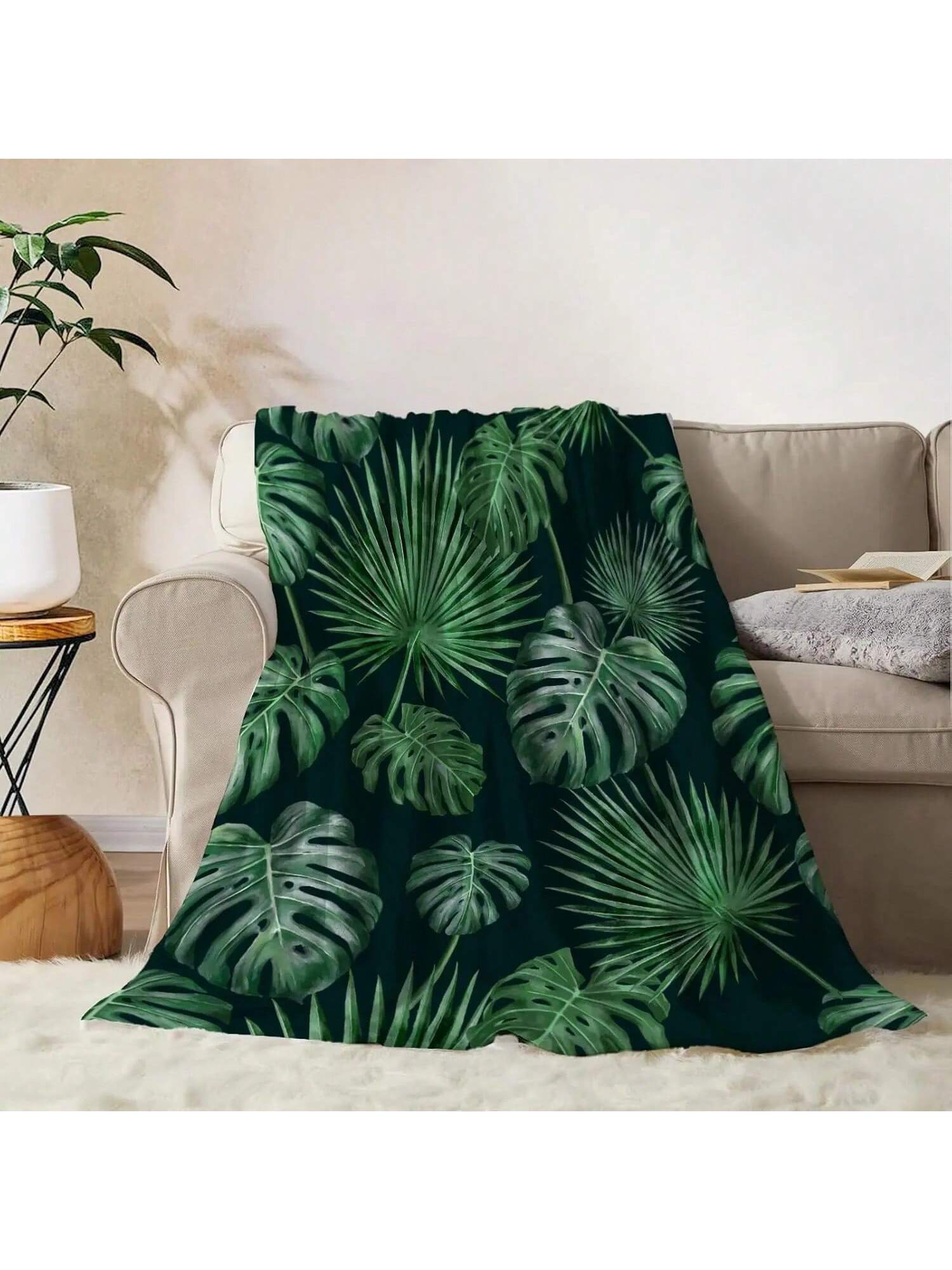 Tropical Throw Blanket  Green Plant Leaf Blanket Throw Blanket For Couch Sofa Bed Soft Cozy Lightweight Fuzzy Plush Fleece 75X95CM серый