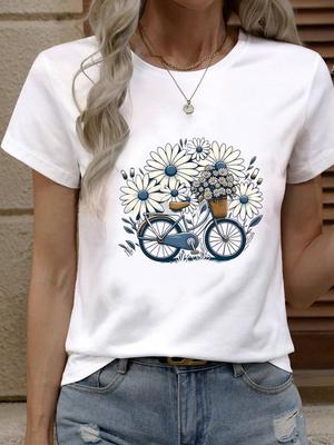 (Asian Size) Tee Top Trend Flower Sweet Trend Cute Women Fashion Female Clothing T Shirt Woman Print  Short Sleeve Graphic T-shirts