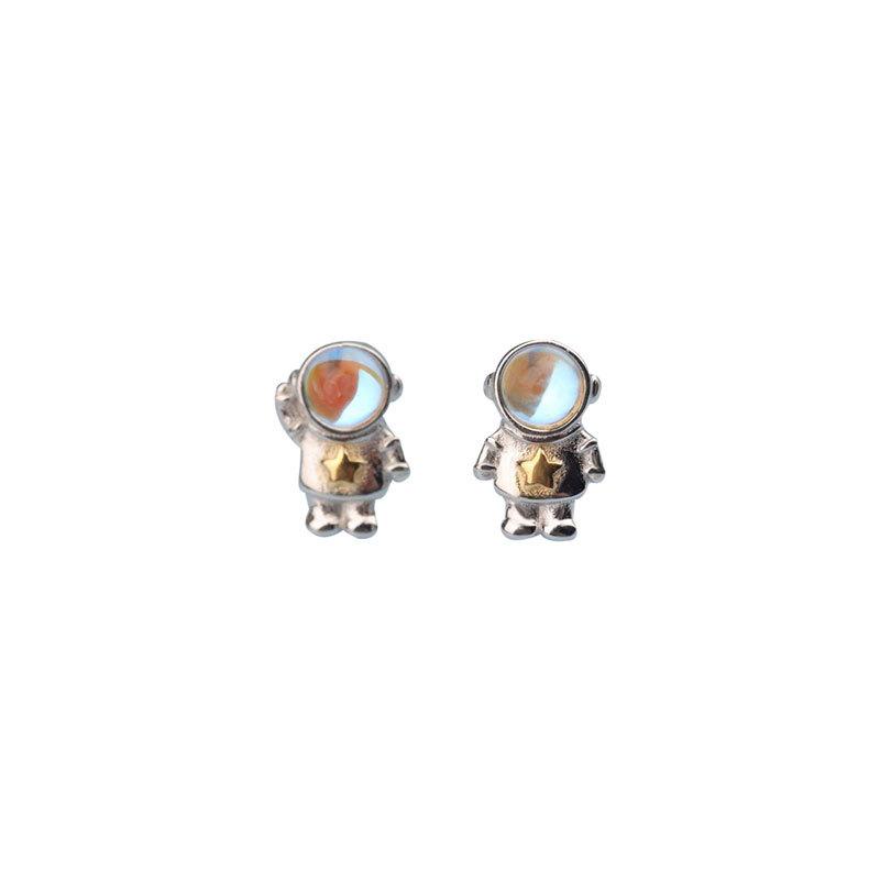 Weltraum Astronaut Ohrringe Asymmetrisches Design Blauer Mondstein Paar Ohrringe