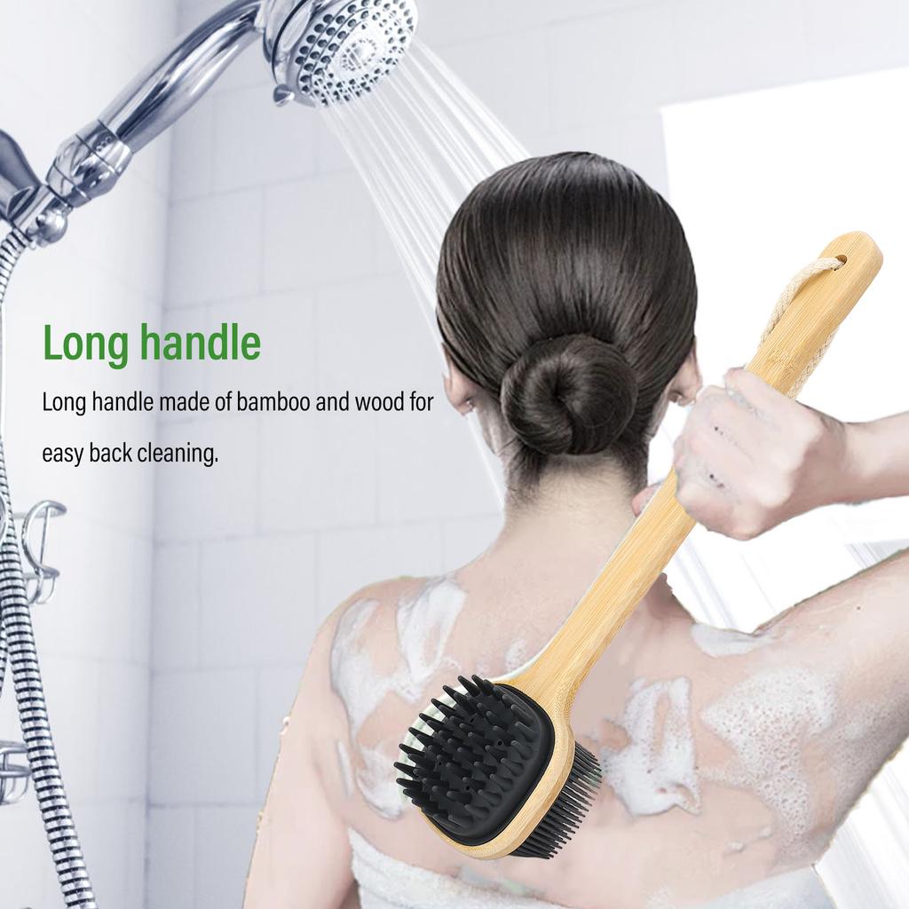 Bath Brush Double Sided Silicone Bristle Shower Brush Bamboo Wood Long Handle Back Scrubber Brush with Lanyard for Deep Cleaning Exfoliating