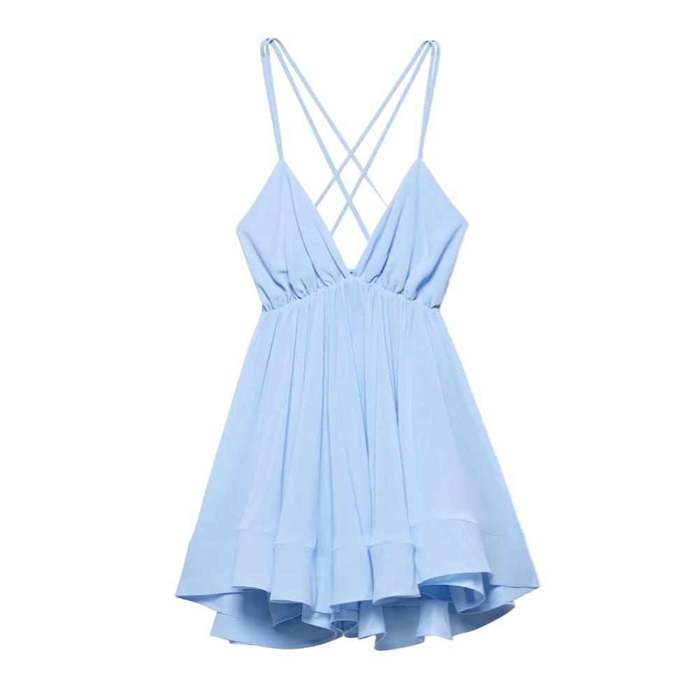 2025 Spring/Summer Women's Sweet Backless V-Neck Spaghetti Strap Swing Dress