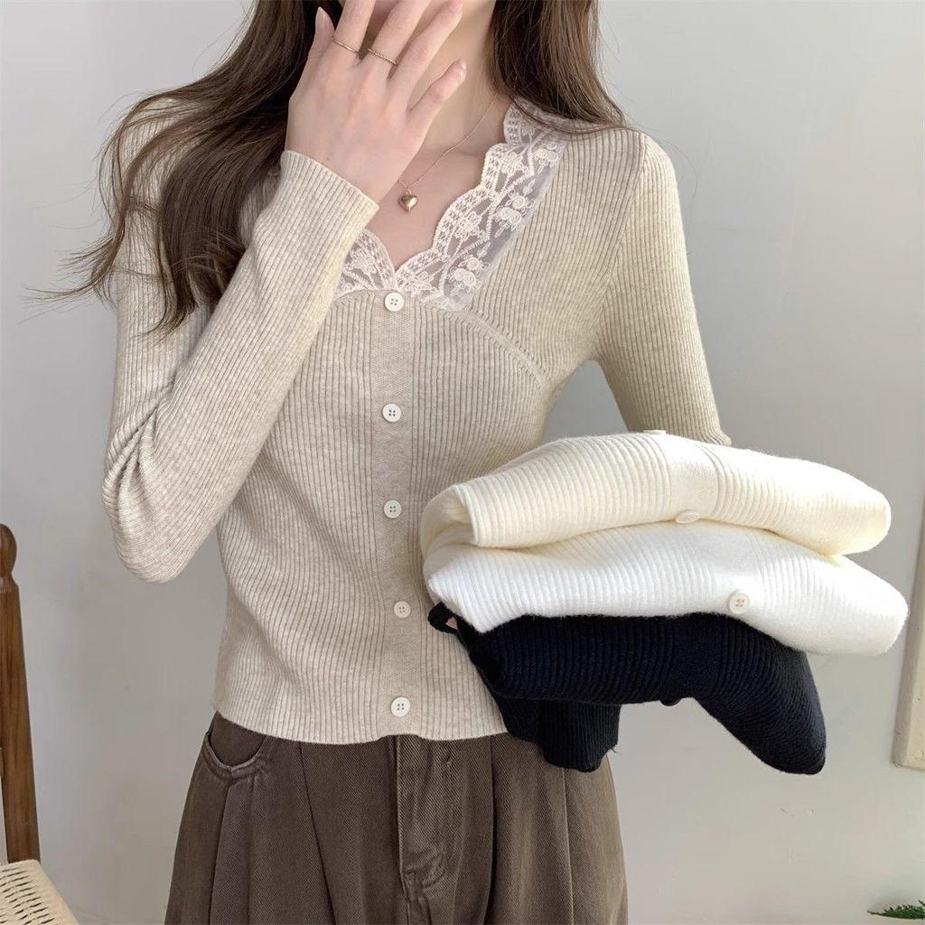 2025 Spring/Autumn Fashion Lace Patchwork Slim Fit Long Sleeve Knit Top