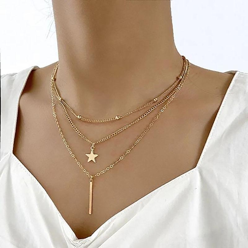 Boho Star Moon Heart Snake Sequin Pendant Necklace Ladies Multilayer Gold Metal Clavicle Necklaces Girls Jewelry