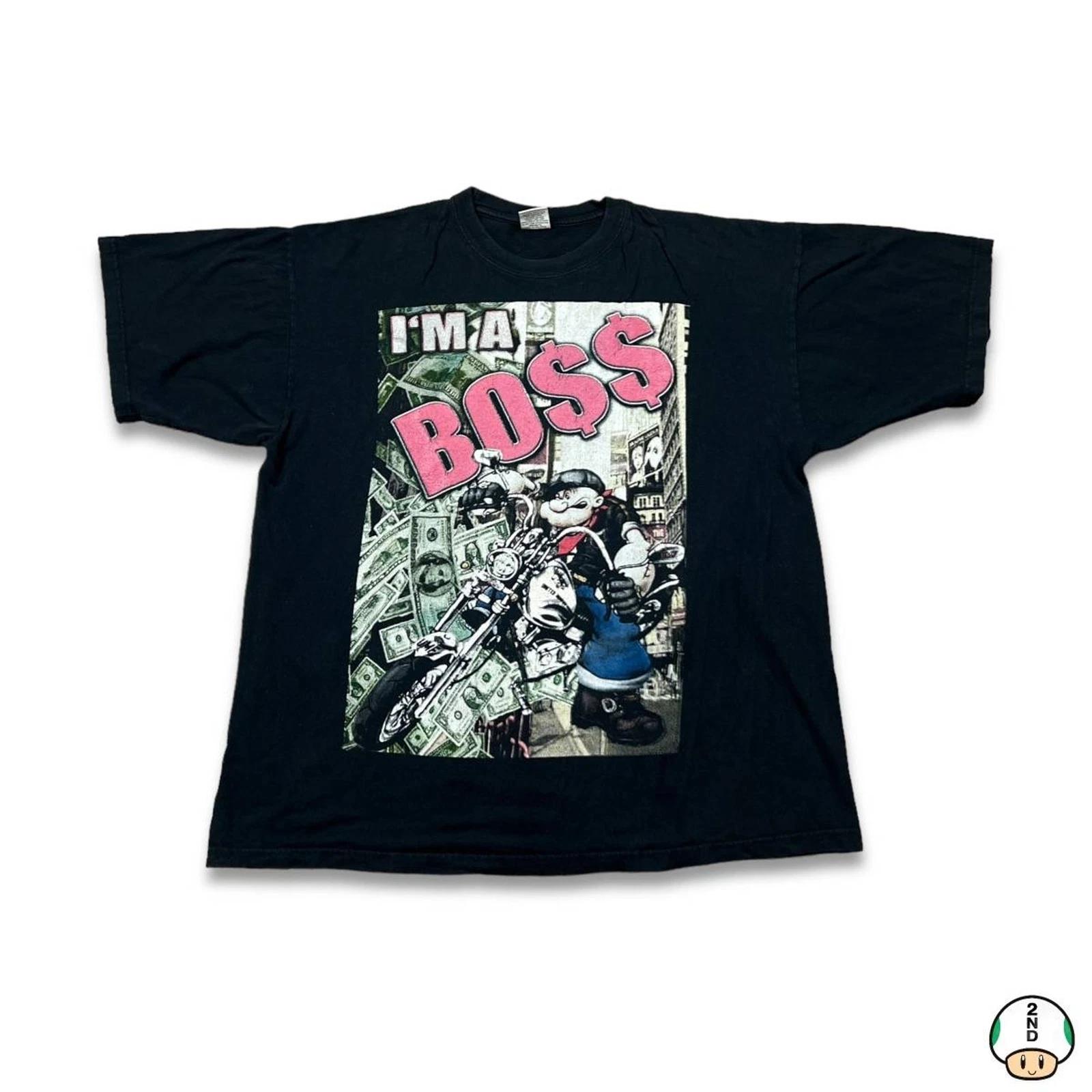 

Винтажная футболка Popeye Y2K Мужская 2XL Черная С графикой Я Босс Короткий рукав 3XL
