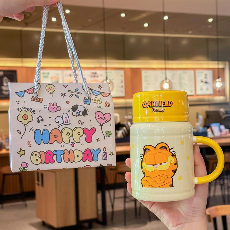 Birthday Gift for Girls Cute Garfield Ceramic Kettle Cartoon Mug with Lid Girlfriend Gift Box