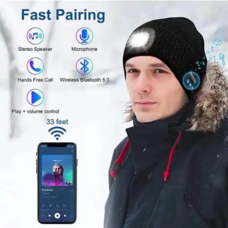 LED Lighted Beanie Hat USB Rechargeable Unisex Warm Winter Knitted Cap Headlamp Flashlight For Night Running Cycling Amagi