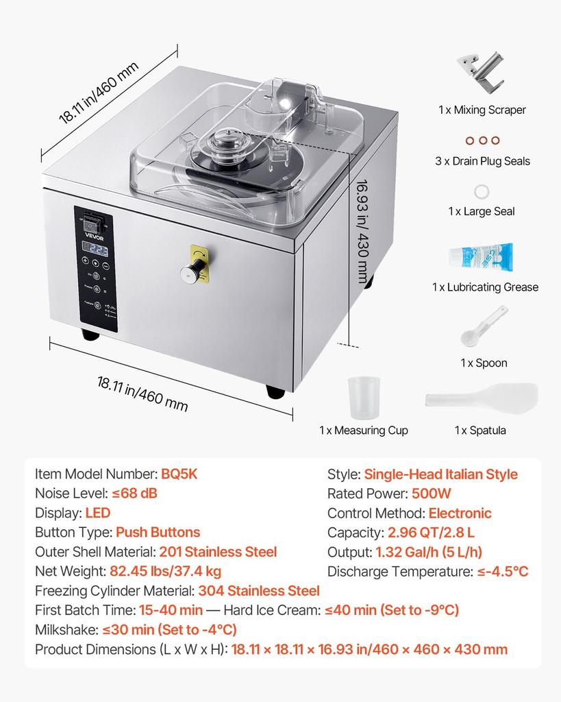 Commercial Hard Ice Cream Machine, 500W 5L Per Hour, Gelato Hard Serve Ice Cream Maker with 2.8L 304 Stainless Steel Cylinder, Auto Clean LED Panel
