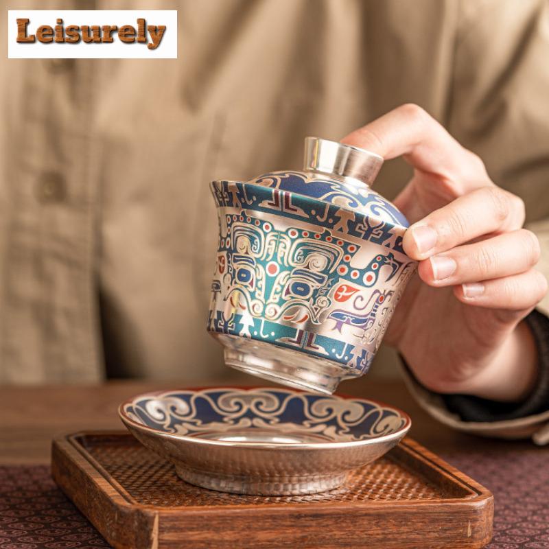 Handmade 999 Gilt Silver Gaiwan Taotie Pattern Three Talents Cup Saucer Tea Tureen Tea Brewing Cover Bowl Teaset Supplies Craft