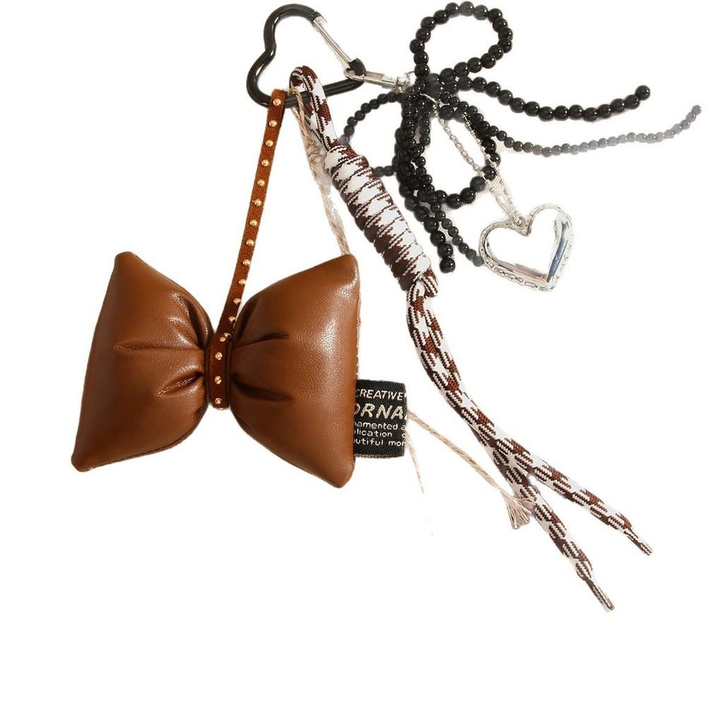 Handmade Pearl Butterfly Heart Bag Charm With Brown Bow For Fashion Accessories