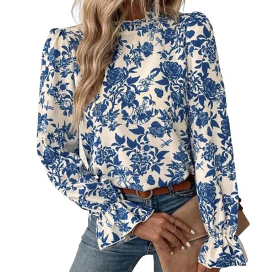 

Повседневная блузка с кружевной отделкой, рабочая одежда, удобная красивая женская офисная женская рубашка с принтом, топ, уличная одежда S синий