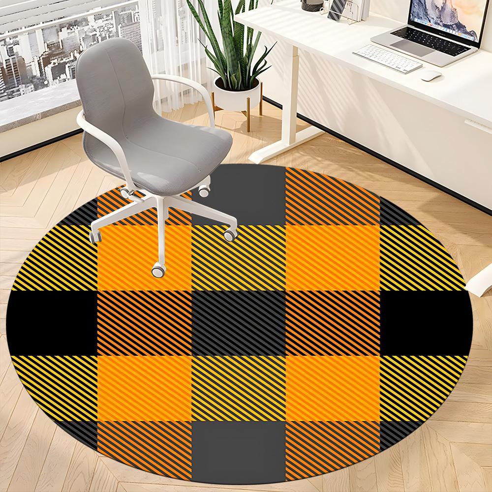 1pc Orange Black Checkered Chair Carpet for Office, Round Polyester Mat, Indoor Decor for Office, Easycare Fabric, Washable Non-slip Area Carpet