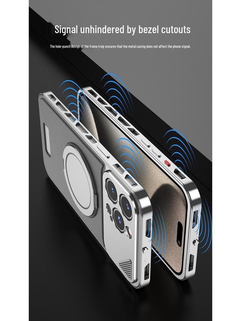 Aluminum Alloy Leather Buckle Phone Case with Rotating Stand for iPhone 16 Pro Max, Compatible with Apple 14