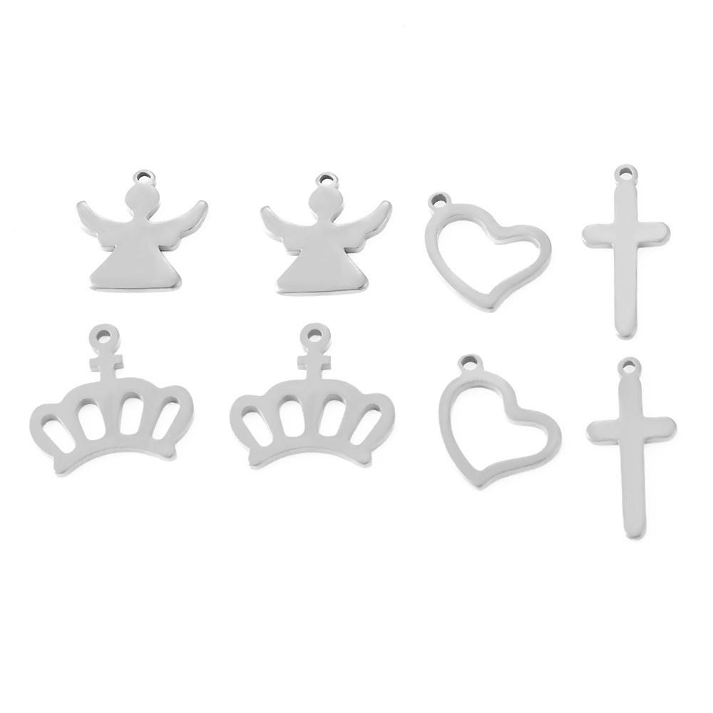 20pcs/lot Stainless Steel Angel Crown Cross Heart Charms Pendant for DIY Bracelet Anklet Earring Jewelry Making Supplies