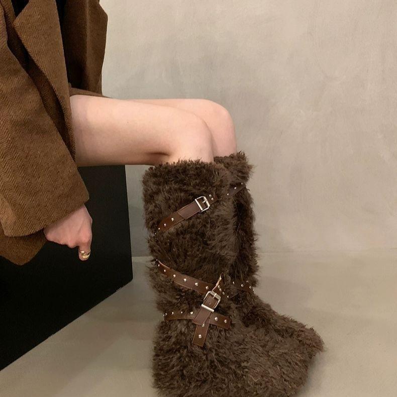 

Women s fur integrated thick bottom heightening winter lightweight padded warm plush snow boots non-slip wear casual sports tall cotton boots 40
