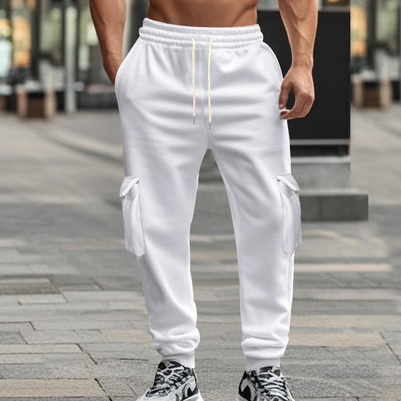Herren Weiße Elastische Taille Cargo Jogginghose Kordelzug Lockerer Schnitt Lässige Hose