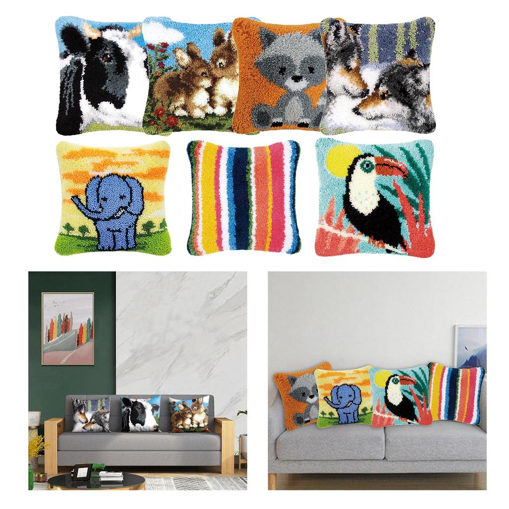 DIY Latch Hook Cushion Cover Set with Printed Canvas Rug Making Kit Needlepoint Craft for Home Decor
