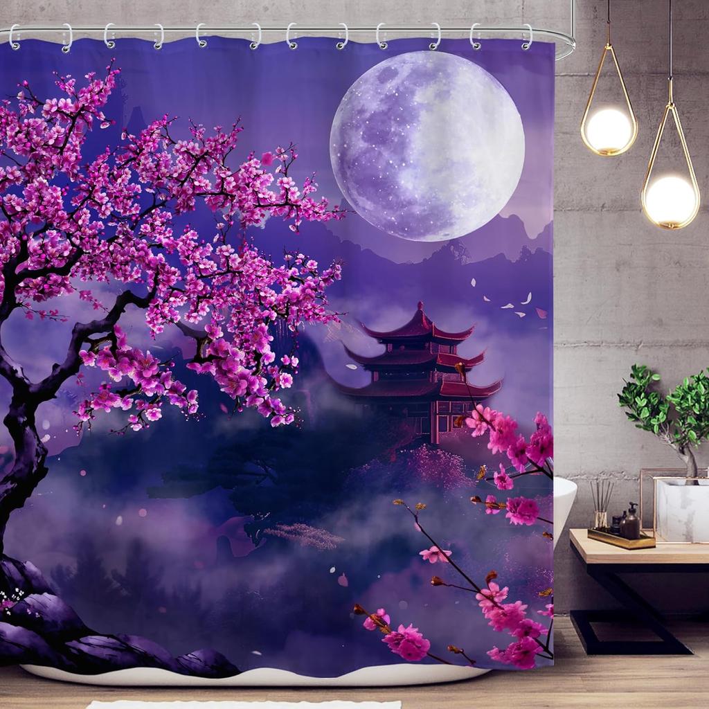 Japanese Cherry Blossom Shower Curtain Watercolor Black Red Floral Asian Chinese Mountain Sun Anime Fabric Waterproof