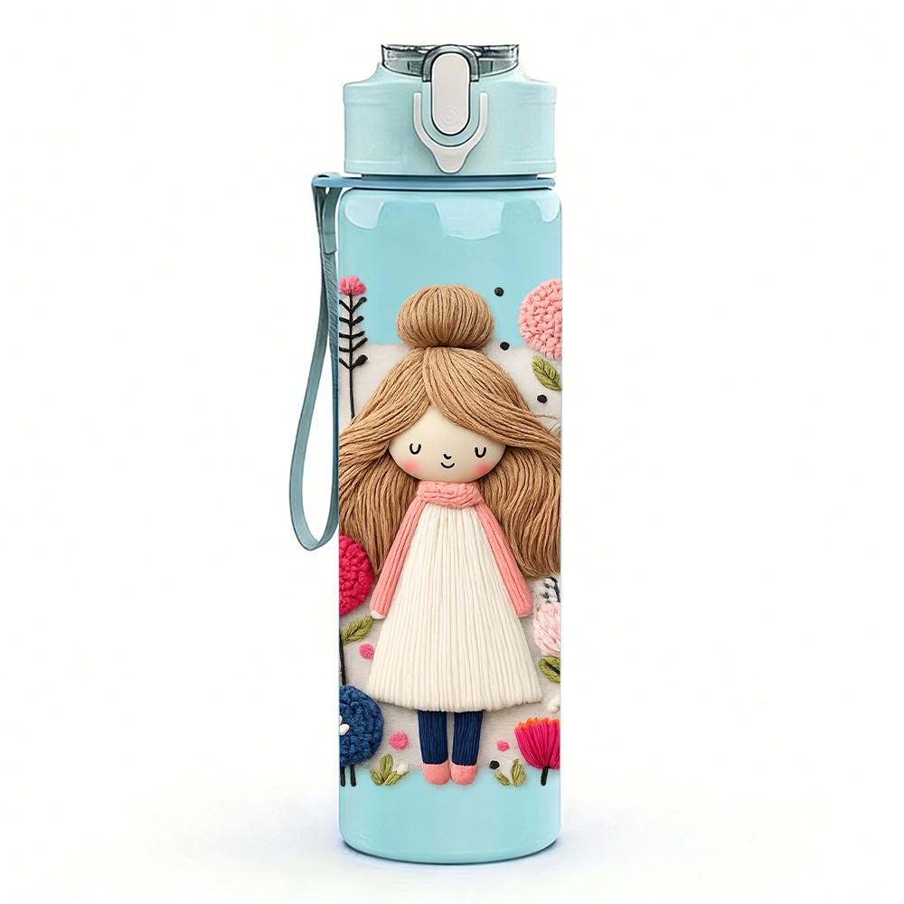 1PC Cute Standing Vintage Doll Art Print 750ml Color Plastic Sports Water Bottle Leakproof Flip Straw Lid Suitable for Sports Office Home Use