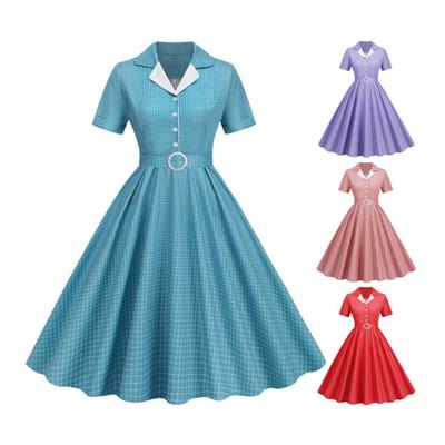 Damen-Abendkleid, Retro-Stil, halb einreihig, A-Linie, großer Schwung, Umlegekragen, V-Ausschnitt, karierter Druck, hoher Gürtel, enge Taille, Damen-Abschlussball-Midikleid