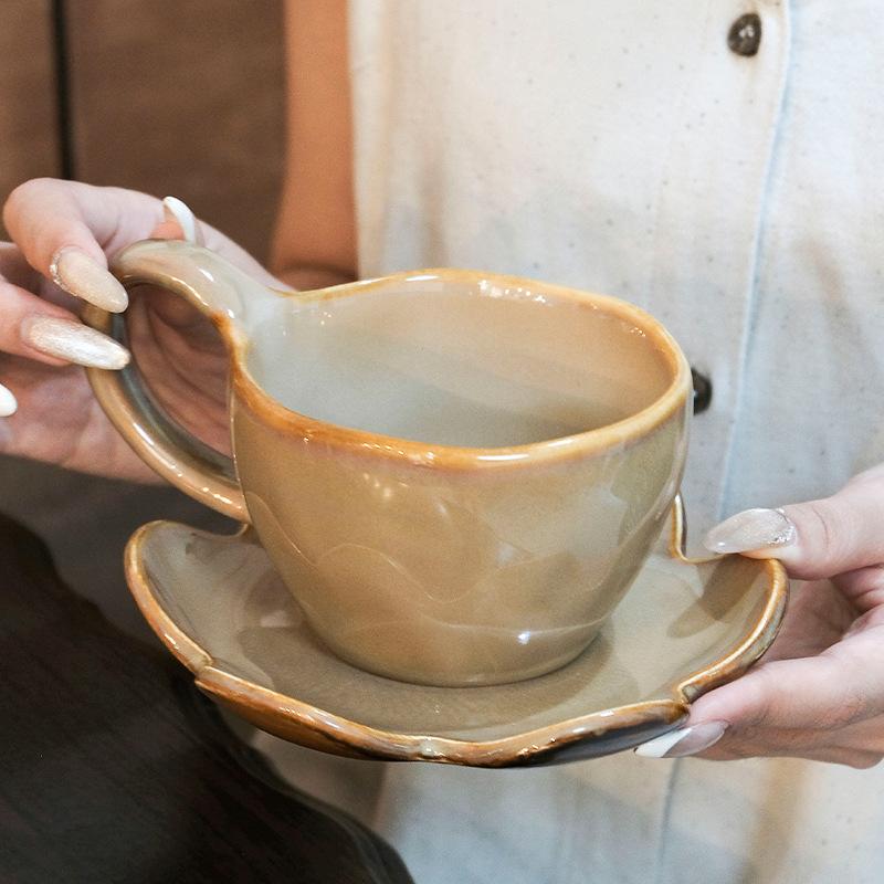 Retro kiln-changed coffee cup and saucer set, high-end exquisite mug, high-end latte cup, afternoon teacup gift
