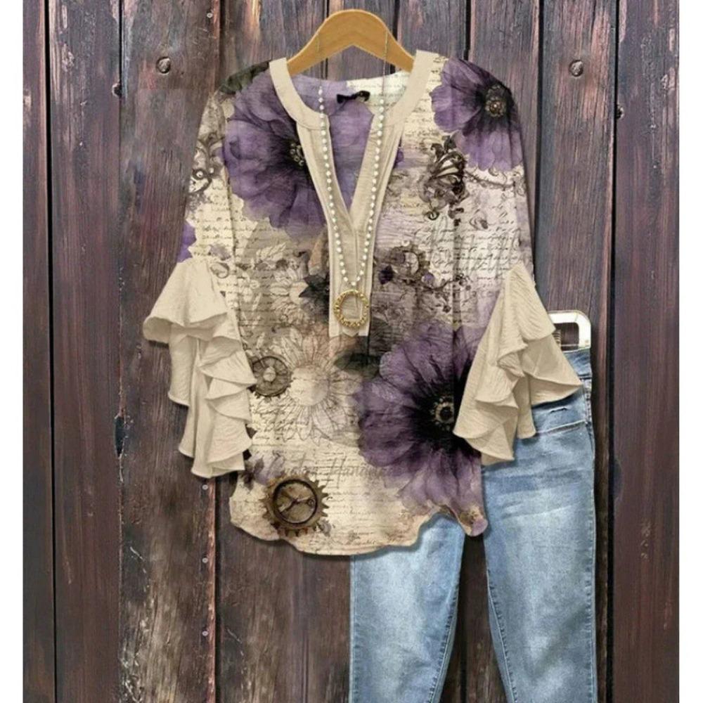Large Women's Bohemian V-neck Shirt with Ruffle Sleeves, Grey Brown Floral Print Top, Casual Breathable Machine Washable Pullover