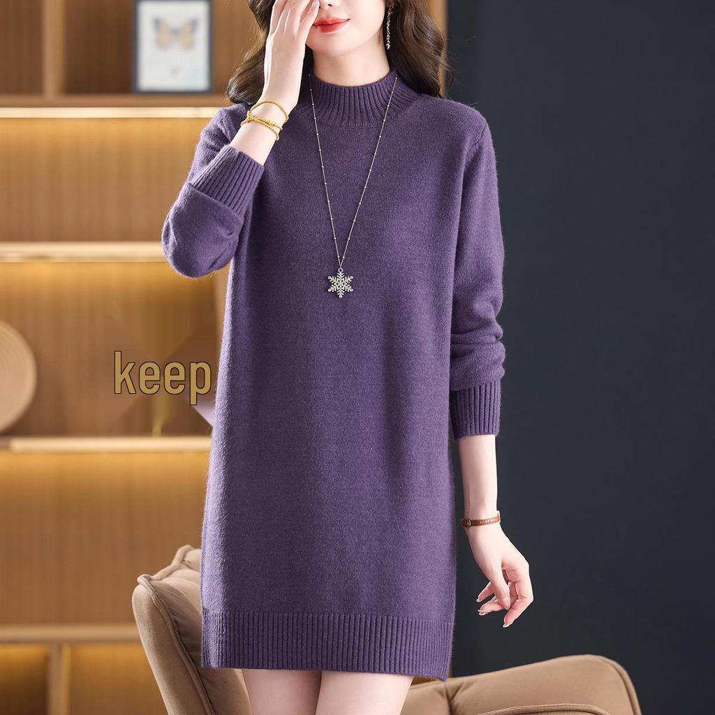 2025 Women's Stylish Loose High Neck Knit Sweater Dress - Mid-Length, Winter Inner Layer for Moms