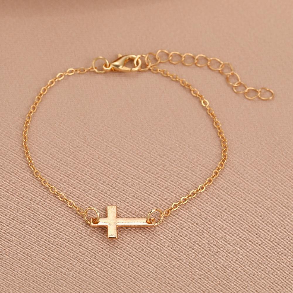 Simple Gold Color Cross Chain Bracelet for Women Shiny Charm Hand Bracelet Wedding Jewelry